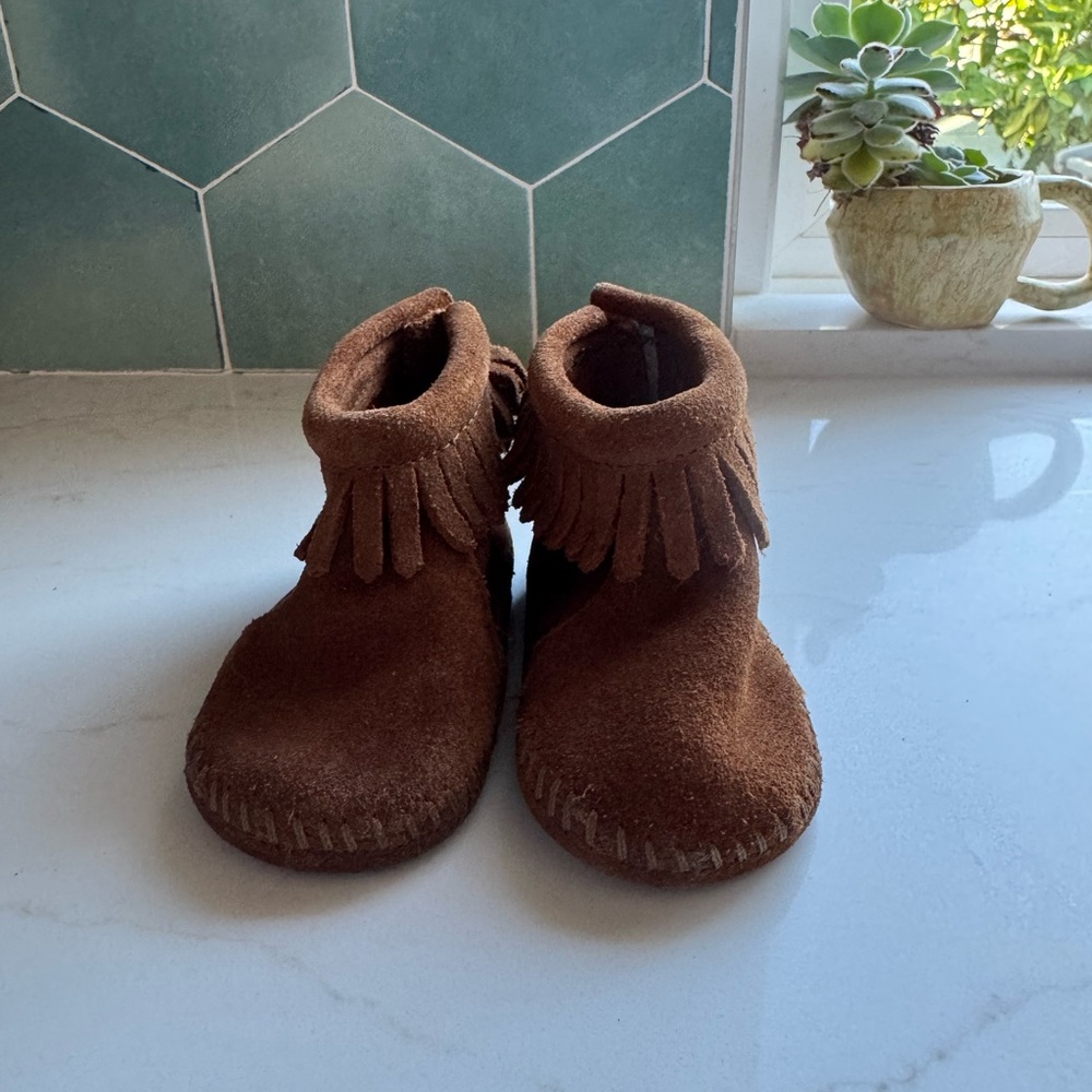 Minnetonka Brown Suede Moccasins with Fringe toddler shoe